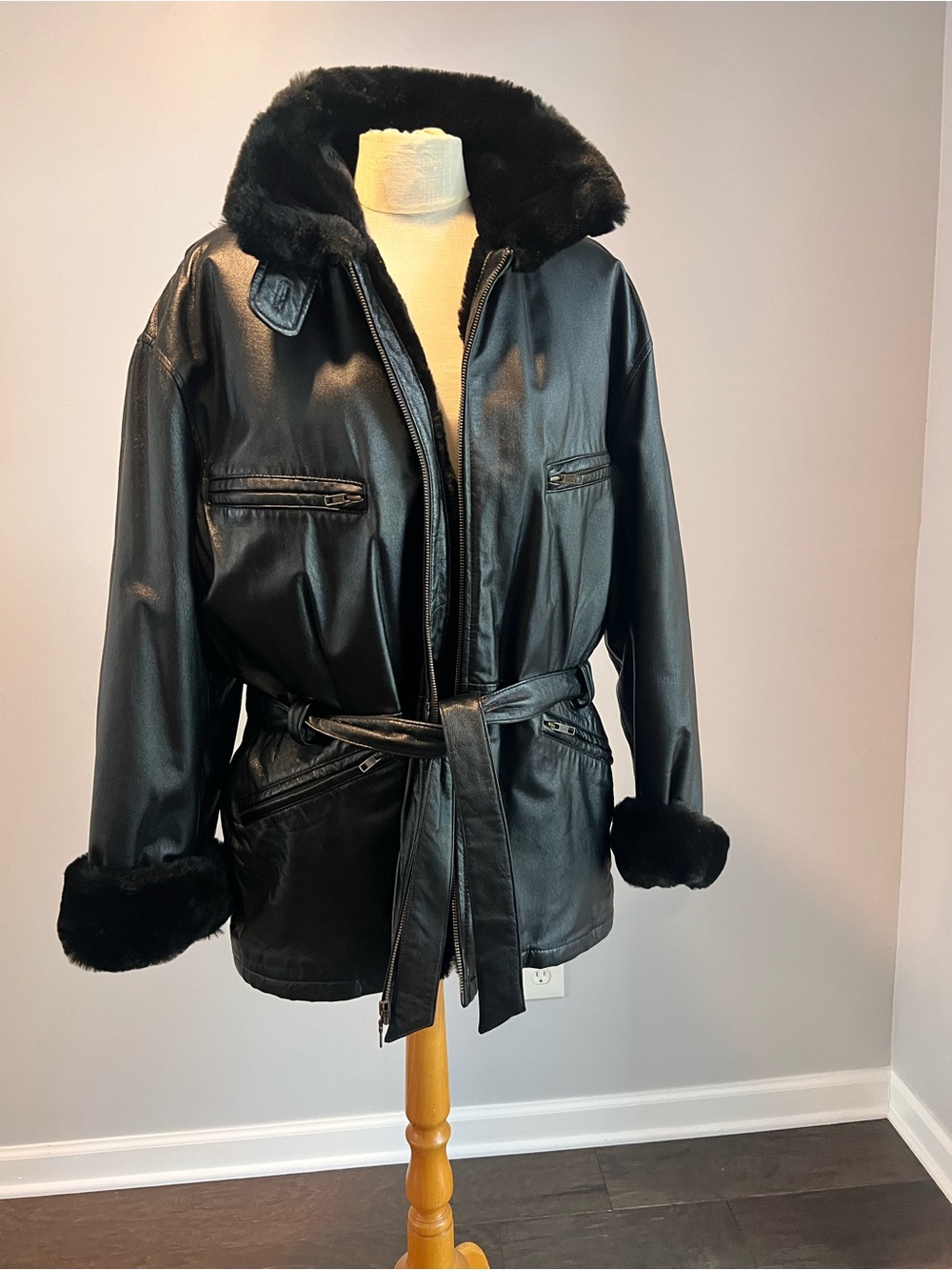 Vintage Wilsons Leather Belted Faux Fur Coat Jacket Black L